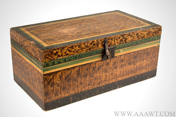 Trunk, Paint Decorated, Flat Top, Vinegar Grained, Four Color, Original Paint
American, Early 19th Century, entire view